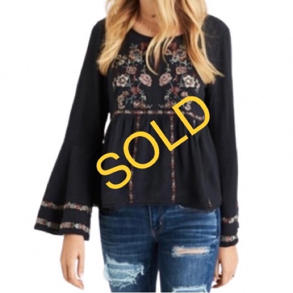 American Eagle Outfitters Tops - SOLD American Eagle Outfitters grey embroidered boho bell sleeve blouse. Size XS